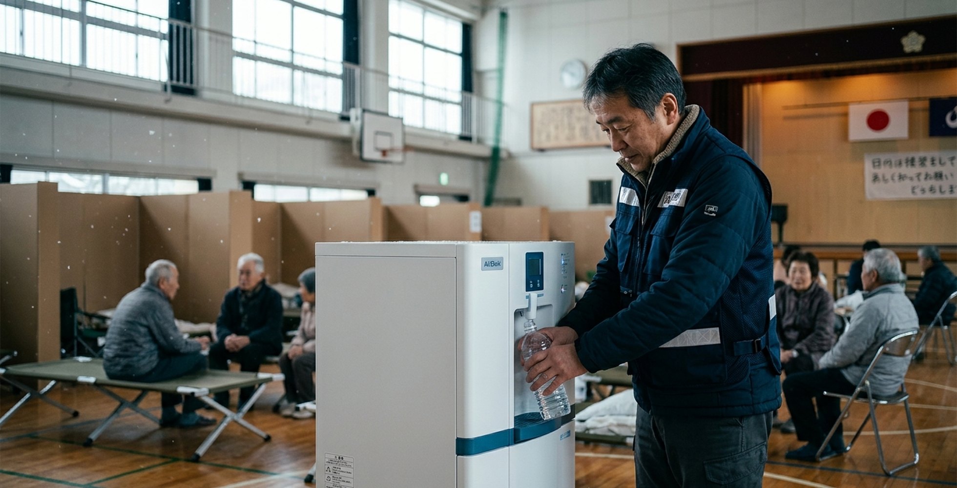 能登半島地震の避難所で AirElixir 装置から飲料水を提供するボランティアの様子
