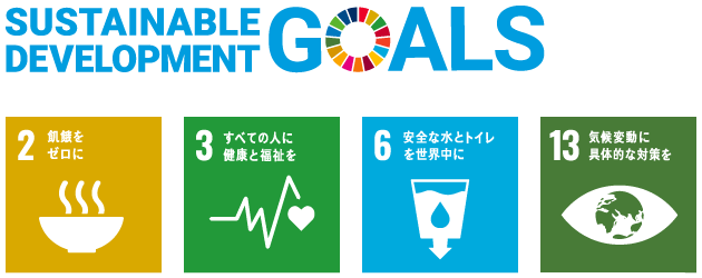 SDGs 目標2 飢餓をゼロに、目標3 すべての人に健康と福祉を、目標6 安全な水とトイレを世界中に、目標13 気候変動に具体的な対策を