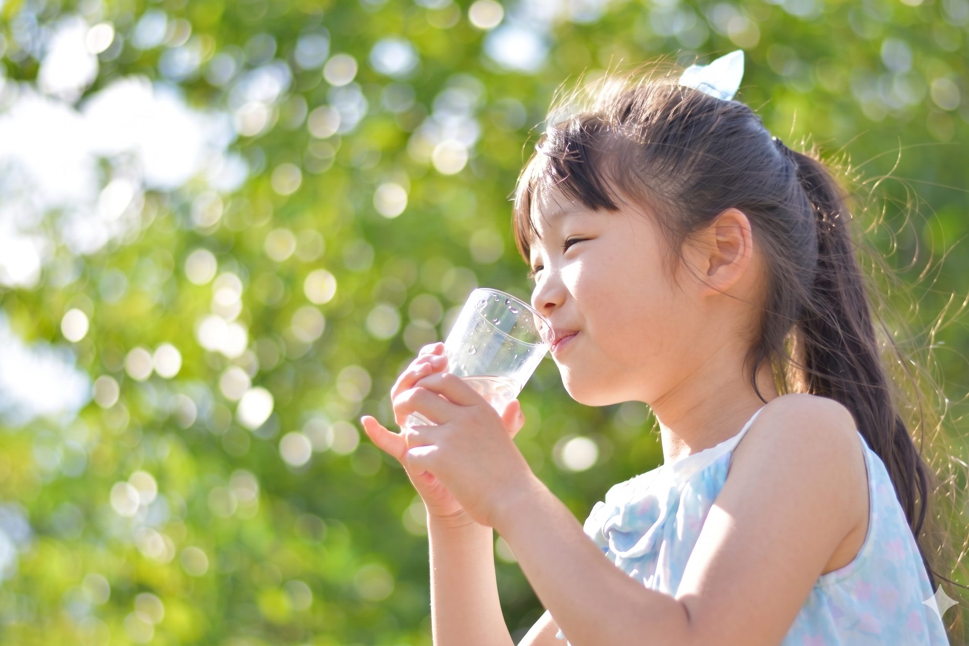 日本の少女が安全な水を笑顔で飲む様子
